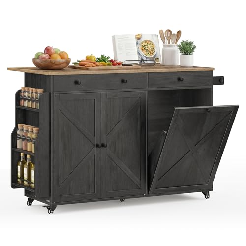 VASAGLE Mobile Kitchen Island with Trash Can Storage, Drop Leaf