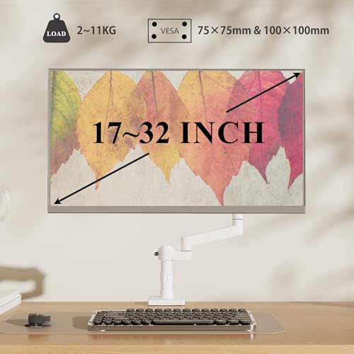 Fydeamer Monitor Stand With Extention Arm for 17-32 inch Screens, Heavy Duty Gas Spring Fullmotion Monitor Mount holds 2-11kg, LED/LCD Display Arm, VESA 75×75/100×100, White