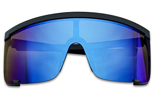SunglassUP Oversized 150mm Super Shield Mirrored Lens Sunglasses Retro Flat Top Matte Black Frame (Matte Black Frame | Blue)