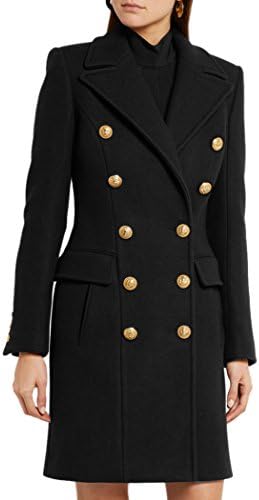 Women's Notched Lapel Wool Blend Trench Jacket Fashion Double-Breasted Coat Black XL