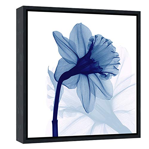 Pyradecor Black Framed Canvas Wall Art One Panel Blue Flickering Flower Modern Grace Floral Pictures Paintings for Bedroom Office Home Decorations