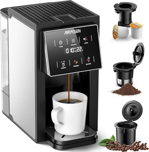 AIRMSEN Grind & Brew Coffee Maker with Built-in Grinder (2026 Model) - Single-Serve, Compatible with K-Cup Pods & Ground, 1000W Fast 6-14oz Brewer, Descaling Alert, Touchscreen & 50oz Removable Tank