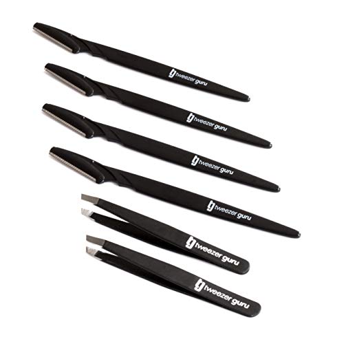 Facial Hair Removal Razors and Tweezers Set (6-PACK) for Women and Men by Tweezer Guru - Eyebrow Grooming Kit with Dermaplaning Tool - Precision Peach Fuzz, Upper Lip and Facial Hair Shavers