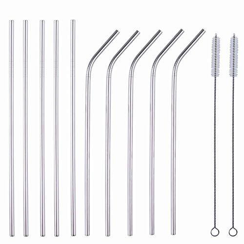 Reusable Stainless Steel Metal Straws -(10 Pack) with Cleaning Brushes  Gray Aluminum Color 8.5 Inch Tumblers of 20 oz, 24 oz, 30 oz Dishwasher Safe Long Staws Fits Yeti, Tervis, Rtic, Corkcicle