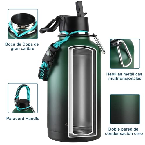 64oz Botella Térmica de Acero Inoxidable de 2 Litros, Termo Grande para Agua Fría de Metal para Mantener Frío, con Pajita y 3 Tapas para Gimnasio, Deportes y Oficina (Crush Indigo, 64oz)