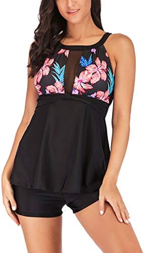 CHIDY Womens Two Piece Swimsuit Plus Size Floral Printed Mesh Patchwork Halter Tankini Bathing Suits with Boyshorts
