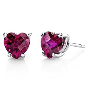 Peora Solid 14K White Gold Created Ruby Heart Stud Earrings for Women, Classic Solitaire Studs, 6mm, 2 Carats total…