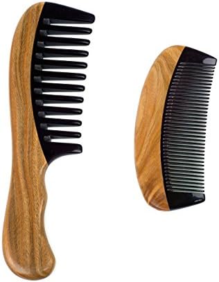 Natural Sandalwood Ox Horn Hair Combs Set for Women &amp; Men - 1 Wide Tooth Comb with Handle and 1 Travel Pocket Narrow Tooth Hair / Beard Wooden Comb, Design for Curly, Straight, Fine, Thin, Thick Hair