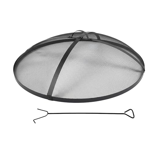 Relaxdays Round Spark Guard for Fire Bowl, Fire Poker & Handle, Steel, Black, Ø 80 cm
