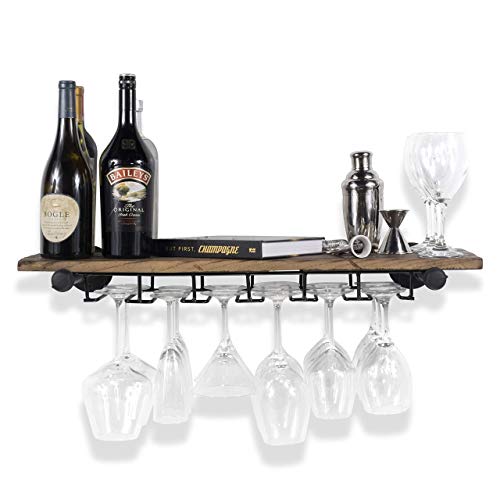 Rustic Wall Floating Shelf Stemware Holder Wine Rack Reclaimed Wood with Pipe Industrial Pipe Brackets Walnut