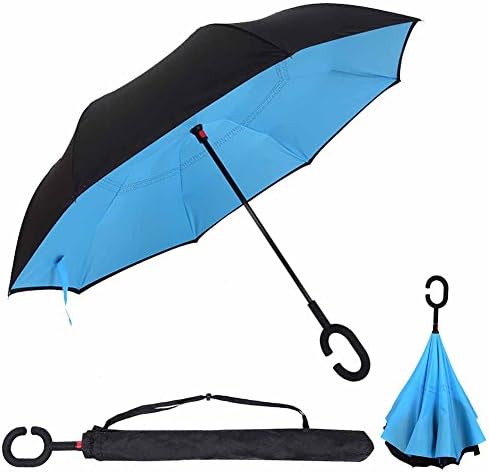 PINSV Creative Double Layer Inverted Umbrella Reverse Folding Umbrella Windproof UV Protection Big Straight Umbrella for Car Rain Sun Outdoor With C-Shaped Handle Travel Umbrella (Sky Blue)