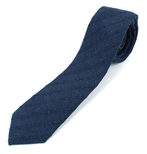 Men's Linen Cotton Skinny Necktie Tie Woven Textured Pinstripe Pattern - Navy