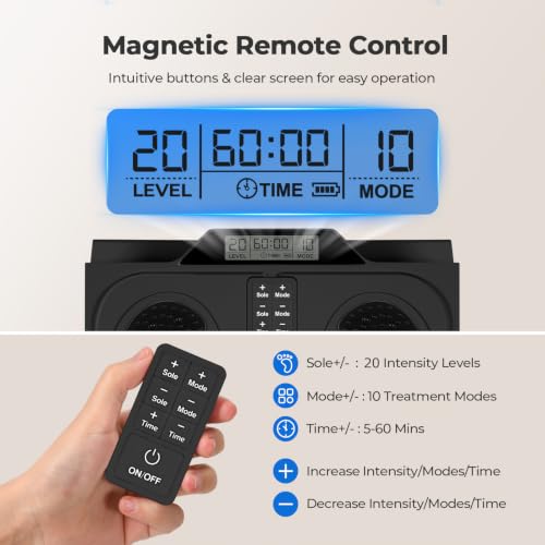 Masajeador de pies con estimulador de la circulación sanguínea, EMS y TENS: masajeador eléctrico de pies con 10 modos, 20 niveles de intensidad y 4 electrodos para aliviar el dolor y mejorar