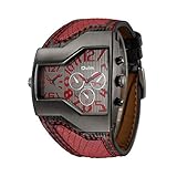 OULM Men Leisure Casual Vogue Fashion Alien Design Wristwatch Red Leather Strap Red 2 Dial Time Display Japan Quartz + Gift Box