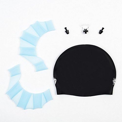 Waterproof Swim Cap For Adult Swimming Men Women Solid Silicone Elastomeric-Kit Bonus Nose Clips Ear Plugs Swimming Gloves Flippers Ebook (Black-9.05x7.08x7.48)