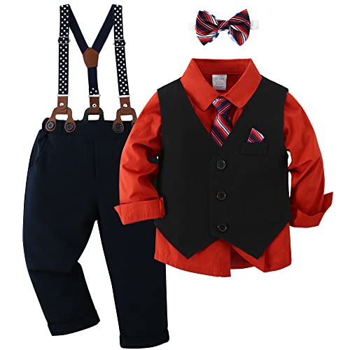 Toddler Suit Baby Boys Clothes,Formal Dress Shirt with Bowtie + Stylish Tuxedo Vest + Suspender Pants Outfit Sets Gentleman Wedding Dresswear 4-5 Years, Red+Black