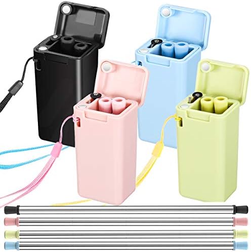 4 Pack Collapsible Reusable Straws, Metal Drinking Foldable Silicone Straws with Cleaning Brush and Hard Carrying Case for Party Travel Outdoor Household (Black/Pink/Blue/Green)