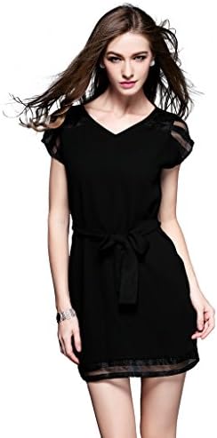 Gressa Women's V-neck Sheer Cap Sleeve Mesh Panel Shift Black Cocktail Dress US/18