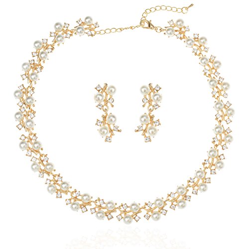 Ginasy Bridal Necklace and Earrings Set for Wedding, Crystal Pearl Jewelry Gift for Brides Bridesmaid (Princess Gold)