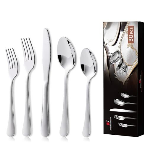 Ménagères Set Couverts de Table: 6 Personnes Ensemble Vaisselle de Table, Ménagères en Acier Inoxydable, 30 Pièces Argenté, Lavables au Lave-vaisselle