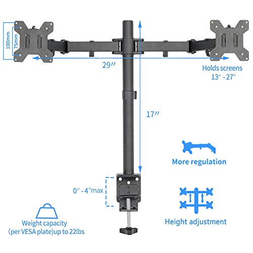 MAIDeSITe Dual Monitor Stand Adjustable Height PC Desk Mount for 13-27”Computer/TV Screens, 22 lbs per Arm,Swivel 180°, Rotate 360°