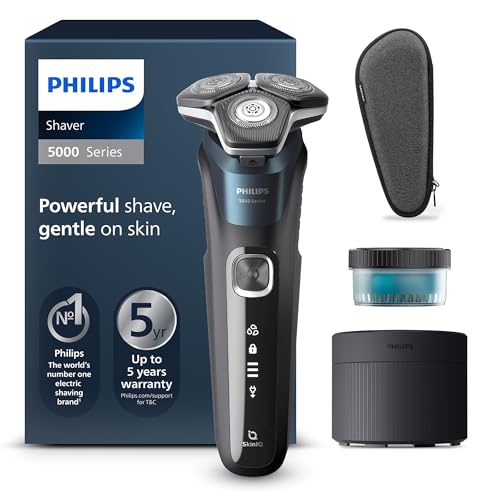 Philips Shaver 5000 – Elektrischer Rasierer für Herren: Nass- und Trockenrasur mit SkinIQ Technologie, ausklappbarer Trimmer, Transporttasche, Reinigungsstation, Elektrik-Blau (S5889/50)