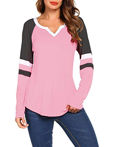 Sweetnight Women's Plus Size Long Sleeve V Neck Swing Tunic Tops Striped Tee Shirts Pink XX-Large