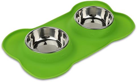 Autolly Double Stainless Steel Food and Water Dog Bowls with No Spill Non-Skid Premium Quality Silicone Mat Feeder Best Pet Bowl for Feeding Dogs Cats Puppies and Pets (Green)