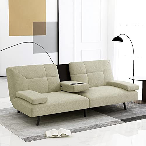 IULULU Sofa Bed, Modern Convertible Futon Sleeper Couch Daybed with 2 Cup Holders, Removable