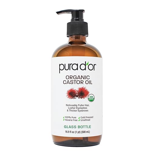 PURA D'OR ORGANIC Castor Oil (16.9 Oz GLASS BOTTLE) Pure Cold-Pressed Hexane-Fr…