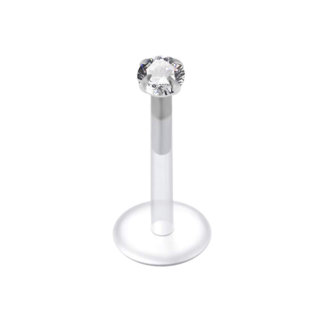 AZARIO LONDON 2MM Round CZ Stone 925 Sterling Silver with 16 Gauge Bio Flex Lip Labret Tragus Bar Jewelllery