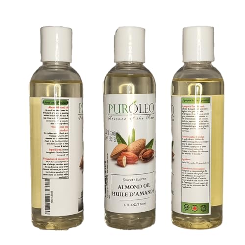 PUROLEO SWEET ALMOND OIL 4 FL OZ/120 ML 100% NATURAL AND PURE | MOISTURIZER & CARRIER OIL | BEAUTY & DIY BLENDS, MASSAGE OIL, BODY OIL, HAIR OIL AND BABY OIL | MADE FROM ALMONDS RAW