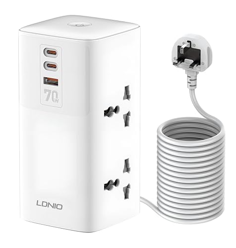1 year warranty - LDNIO 70W Extension Cord Power Strip for Home & Office, 7-in-1 Charging Station with USB & 2 Type-C Ports, 4 Universal Outlets – Includes