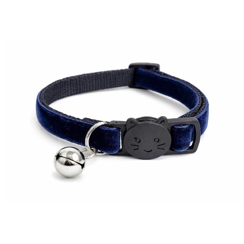 Velvet Cat Collars with Bell | Quick Safety Release Breakaway Buckle | Handmade in the UK | Available in Cat & Kitten Size | Navy Blue Velvet — image 1
