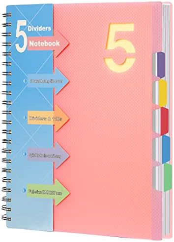 CAGIE 5 Subject Notebook 8.5" x 11" Hardcover Spiral Notebook with Dividers and Tabs Large Notebooks Wide Ruled for Note Taking School Work Office Supplies 220 Pages, Pink