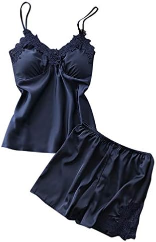 Flexman Women's Sexy Satin Spaghetti Straps Sling Sleepwear Nightdress Elegant Underwear Set Soft Lingerie Nightwear (Navy, M)