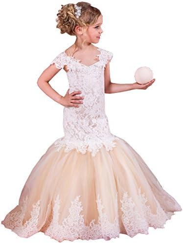 LovelyGirl Cap Sleeves V Neck Mermaid Lace Appliques Flower Girl Dresses NB044 US 12 Orange