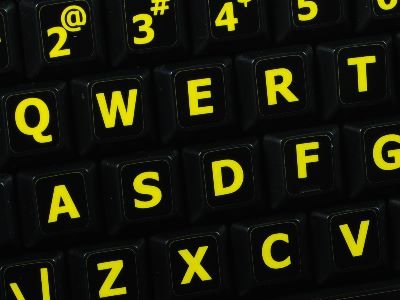 ENGLISH US YELLOW LARGE LETTERING KEYBOARD STICKER (UPPER CASE) ON BLACK BACKGROUND FOR DESKTOP, LAPTOP AND NOTEBOOK