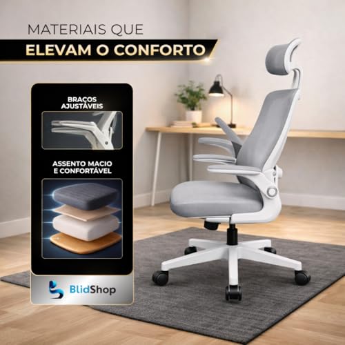 BlidShop Cadeira de Escritório Ergonômica, Suporte 120kg, Ajuste Lombar, Apoio de Cabeça, Tela Mesh Premium, Giratória, Home Office (Branca e Cinza)