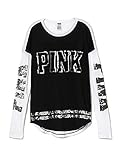 Victoria's Secret PINK Bling Varsity Crew Tee Shirt Sequin Logo Black White (X-Small)