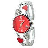 ELEOPTION Bracelet Design Quartz Watch with Heart Rhinestone Stainless Steel Band Free women's Watch Box (Loving-Red)