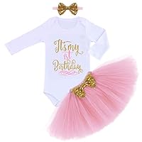 Newborn Baby Girl First Birthday Party Romper Elastic Tulle Skirt Sequin Bow Hair Band 3PCS Clothes Set Playwear Pink Long Sleeve 1st Birthday