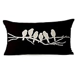 HomeTaste Country Rustic Birds Decorative Thick Cotton Linen Lumbar Pillow / Throw Pillow Cover  for Bed Sofa Couch Black 12x20