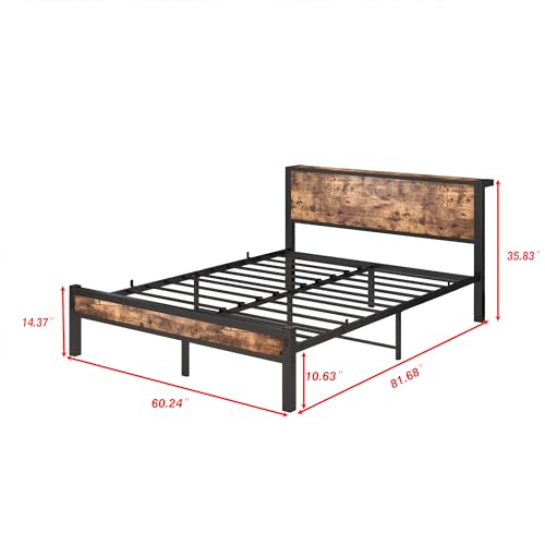 DUMEE Queen Bed Frame with Wood Storage Headboard, Metal Platform Bed Frame Queen Size Mattress Foundation No Box Spring Needed, Noise Free, Black & Rustic Brown
