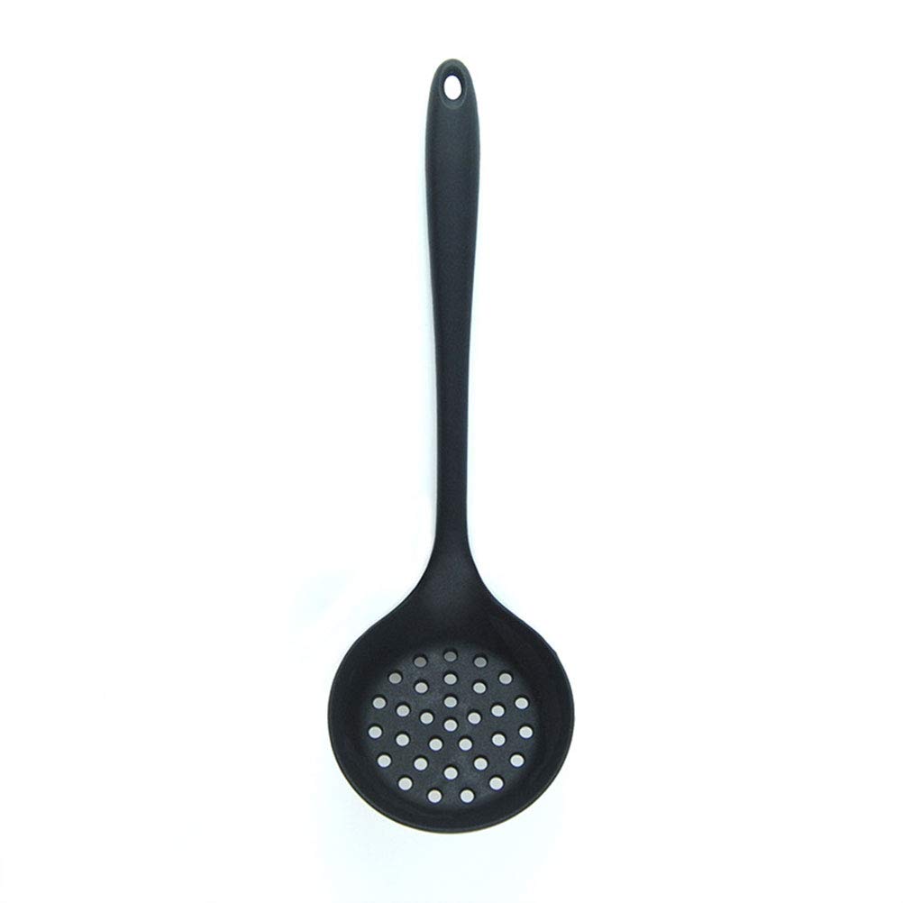 Slotted Skimmer Spatula, Long Handle Soup Ladle Non Stick Silicone Strainer with Hang Hole, Ideal for Straining Vegetables and Drips (Black)