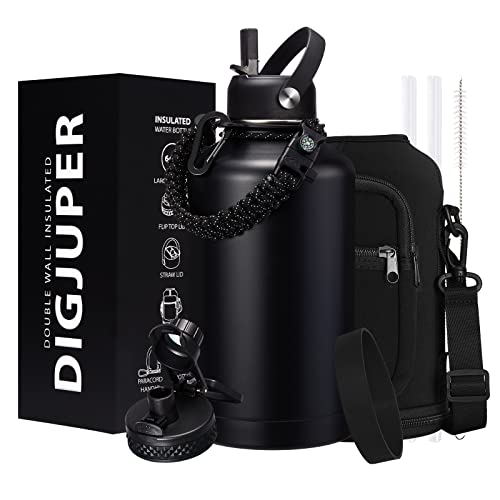 WATER BOTTLE Paracord Handle Straw Spout Lids Carrier Bag Black