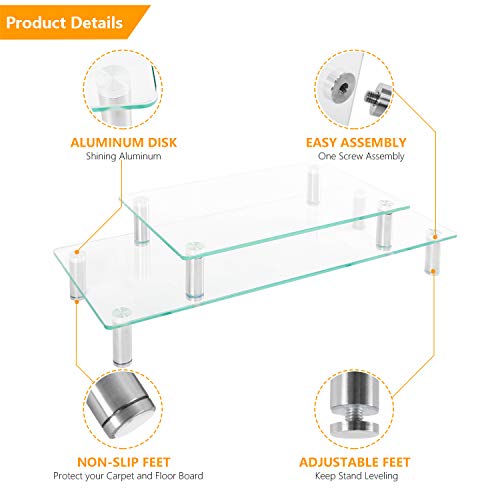 5Rcom 2 or 1 Tier Computer Monitor Stand Clear Tempered Glass Laptop Riser,Multi Desktop Shelf Organizers with Height Adjustable Legs for Flat Screen LCD LED TV, Laptop