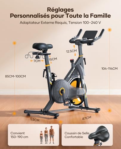 TOPUTURE Exercise Bike, Quiet Exercise Bike with 32 Levels Electric Magnetic Resistance, Premium Touch Screen with App and Heart Sensor, Dumbbell Support, Capacity 150kg