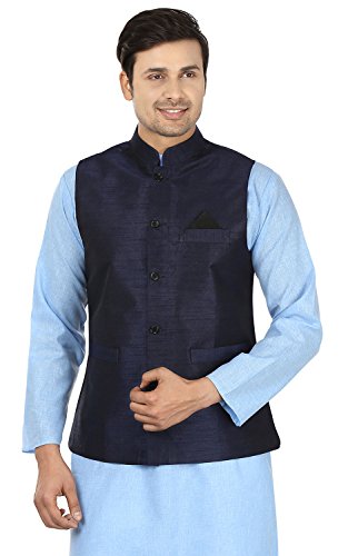 Men's Silk Nehru Jacket Sleeve Less Traditional Indian Waistcoat (Blue, L)
