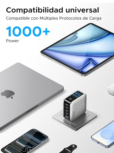 UGREEN Nexode Pro 100W Cargador USB Tipo C 5 Puertos con Pantalla Inteligente, GAN Carga Rápida Adaptador Compatible con Macbook, iPhone 17 Pro Max/17 Pro/Air /17/16/15, Galaxy S26 S25 S24 Ultra, iPad